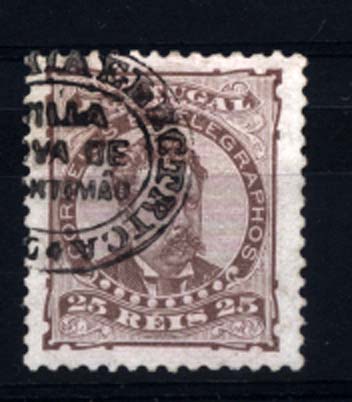 1808.jpg -     Lote:    1808            Portugal       Descrição:         Carimbos da telegrafia eléctrica. 1882/83 &mdash; D. Luís I de frente. CE57, 25 reis castanho-vermelho, obliterado com carimbo batido a preto "TELEGRAPHIA ELECTRICA / VILA / NOVA DE / PORTIMÃO".        O       Valor Base:     &euro; 10,00     Valor Venda:     &euro; 40,00     