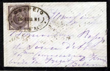 1812.jpg -     Lote:    1812            Portugal       Descrição:         Carimbos de dupla oval. 1880/81 &mdash; D. Luís I de perfil. Sobrescrito circulado de Sintra (26.08.81) para Belém (28.08.81) com trânsito por Lisboa (26.08.81, com selo de 25 reis, lilás vermelho, papel liso, denteado 12 &frac12; CE53, obliterado com carimbo de dupla oval de CINTRA.        Carta       Valor Base:     &euro; 15,00     Valor Venda:     Retirado     