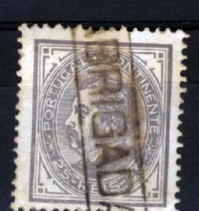 1815.jpg -     Lote:    1815            Portugal       Descrição:         Carimbos nominativos. 1880/81 &mdash; D. Luís I de perfil. CE54, 25 reis violeta vermelho, denteado 12 &frac12;, com carimbo batido a preto "ABRIGADA". B.        O       Valor Base:     &euro; 10,00     Valor Venda:     Retirado     