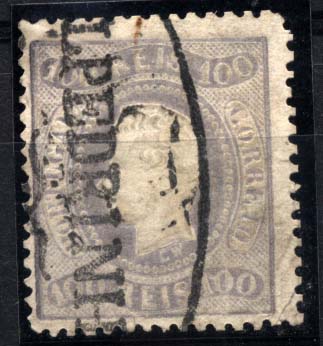 1818.jpg -     Lote:    1818            Portugal       Descrição:         Carimbos nominativos. 1867/70 &mdash; D. Luís I, fita curva, denteados. CE33, 100 reis lilás malva, obliterado com carimbo batido a preto de ALPEDRINHA.        O       Valor Base:     &euro; 20,00     Valor Venda:     &euro; 20,00     
