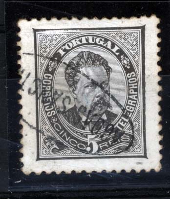 1819.jpg -     Lote:    1819            Portugal       Descrição:         Carimbos nominativos. 1884/87 &mdash; D. Luís de Frente. CE60, 5 reis preto, denteado 11 &frac12;, com obliteração a preto de "AGUA SANCTAS", batida a preto. MB.        O       Valor Base:     &euro; 20,00     Valor Venda:     &euro; 50,00     