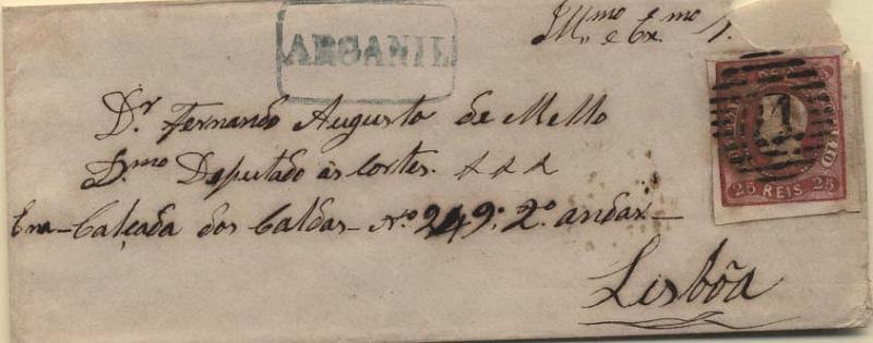 1820.jpg -     Lote:    1820            Portugal       Descrição:         Carimbos nominativos. 1866/67 &mdash; D. Luís I, fita curva, não denteados. CE22, 25 reis sobre sobrescrito circulado de Arganil para Lisboa (23.07.1867). Carimbo numérico da 1.ª reforma batido a preto "81" + carimbo nominativo batido a azul de ARGANIL. Não catalogado nesta cor.        Carta       Valor Base:     &euro; 20,00     Valor Venda:     &euro; 26,00     