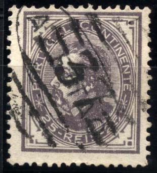 1821.jpg -     Lote:    1821            Portugal       Descrição:         Carimbos nominativos. 1880/81 &mdash; D. Luís I. De perfil. Selo de 25 reis, denteado 12 &frac12;,  papel liso, cinzento vermelho CE54, obliterado com carimbo  numérico da 1.ª reforma 37 e carimbo nominativo de AZEITÃO. Gordon 55. MB.        O       Valor Base:     &euro; 10,00     Valor Venda:     &euro; 10,00     