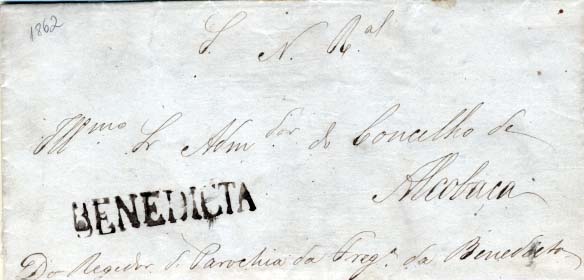 1823.jpg -     Lote:    1823            Portugal       Descrição:         Carimbos nominativos. Carta do SNR circulada isenta de franquia de Benedita (02.09.1862) para Alcobaça. Carimbo pré-filatélico batido a preto "BENEDICTA".        Carta       Valor Base:     &euro; 15,00     Valor Venda:     Retirado     