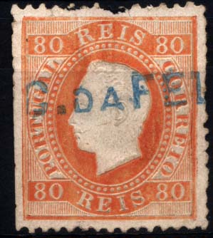 1824.jpg -     Lote:    1824            Portugal       Descrição:         Carimbos nominativos. 1870/76 &mdash; D. Luís I, fita direita. CE42, 80 reis laranja, denteado 12 &frac12;, papel liso. Selo obliterado com carimbo batido a azul "C. DA FELGUEIRA". Selo com o denteado curto do lado esquerdo (cortado à tesoura). R.        O       Valor Base:     &euro; 20,00     Valor Venda:     &euro; 20,00     