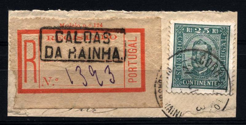 1825.jpg -     Lote:    1825            Portugal       Descrição:         Carimbos nominativos. 1892/93 &mdash; D. Carlos I, tipo Diogo Neto. CE70, 25 reis verde, denteado 11 &frac12;, papel porcelana em fragmento com etiqueta de registo, com carimbo nominativo batido a preto "CALDAS / DA RAINHA" &mdash; Gordon 93 (raridade 90).        FRG       Valor Base:     &euro; 20,00     Valor Venda:     Retirado     