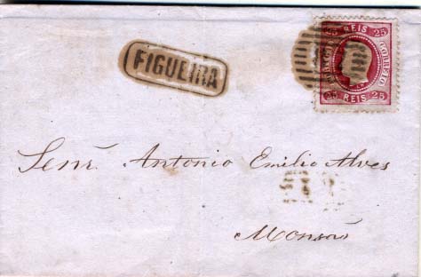 1830.jpg -     Lote:    1830            Portugal       Descrição:         Carimbos nominativos. 1867/70 &mdash; D. Luís I. Fita curva, denteados. CE30, 25 reis carmim em carta circulada da Figueira (06.03.69) para Monção com trânsito pelo Porto: Carimbo batido a sépia "FIGUEIRA" + numérico da 1.ª reforma "87". MB.        Carta       Valor Base:     &euro; 10,00     Valor Venda:     &euro; 10,00     