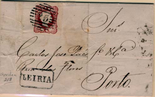 1831.jpg -     Lote:    1831            Portugal       Descrição:         Carimbos nominativos. 1856/58 &mdash; D. Pedro V. Cabelos anelados. Carta circulada de Leiria (23.02.1862) para o Porto (25.02.1862), com selo de 25 reis carmim CE13, obliterado com carimbo da 1.ª reforma "26": Carimbo nominativo de LEIRIA batido a preto. Gordon 208. B        Carta       Valor Base:     &euro; 10,00     Valor Venda:     Retirado     
