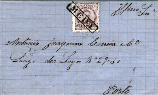 1833.jpg -     Lote:    1833            Portugal       Descrição:         Carimbos nominativos. 1882/83 &mdash; D. Luís I, de frente. CE57, 25 reis castanho, em carta circulada da Meda (17.02.83) para o Porto (19.02.83) com trânsito por Viseu (18.02.83). Carimbo batido a preto "MEDA".        Carta       Valor Base:     &euro; 40,00     Valor Venda:     Retirado     