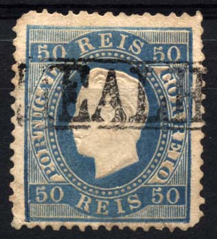 1834.jpg -     Lote:    1834            Portugal       Descrição:         Carimbos nominativos. 1879/80 &mdash; D. Luís I, fita direita. Novas cores. CE50, 50 reis azul. Selo obliterado com carimbo batido a preto da "MEALHADA". Selo com dois cantos curtos.        O       Valor Base:     &euro; 8,00     Valor Venda:     &euro; 8,00     