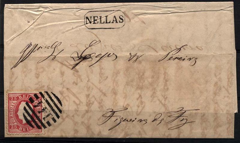 1836.jpg -     Lote:    1836            Portugal       Descrição:         Carimbos nominativos. 1870/76 &mdash; D. Luís I. Fita direita. CE40, 25 reis carmim, denteado 12 &frac12;, papel liso, em carta circulada de Nelas (12.02.1872) para a Figueira da Foz. Carimbos batidos a preto "144" (2.ª reforma) e NELLAS. MB.        Carta       Valor Base:     &euro; 20,00     Valor Venda:     &euro; 20,00     