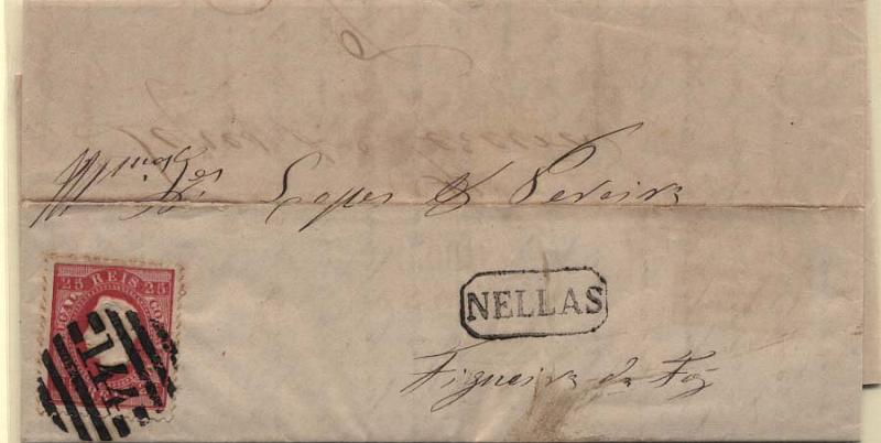 1837.jpg -     Lote:    1837            Portugal       Descrição:         Carimbos nominativos. 1870/76 &mdash; D. Luís I fita direita. CE40, 25 reis  carmim, papel liso, denteado 12 &frac12;, em carta circulada de Nelas (18.11.71) para Figueira da Foz, com carimbo da 2.ª reforma 144 e nominativo NELLAS, batidos a preto. MB.        Carta       Valor Base:     &euro; 10,00     Valor Venda:     &euro; 10,00     
