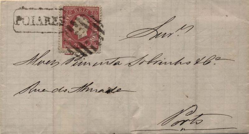 1841.jpg -     Lote:    1841            Portugal       Descrição:         Carimbos nominativos. 1870/76 &mdash; D. Luís I fita direita. CE40, 25 reis carmim em carta circulada de Poiares (11.07.76) para o Porto (12.07.76), obliterada com carimbo batido a preto de POIARES (Gordon 307) e carimbo numérico da 2.ª reforma "84". B.        Carta       Valor Base:     &euro; 20,00     Valor Venda:     &euro; 20,00     