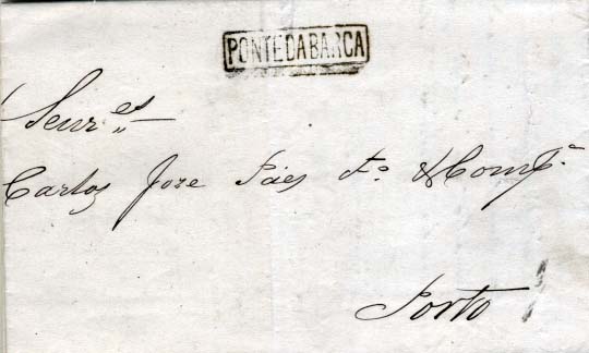 1842.jpg -     Lote:    1842            Portugal       Descrição:         Carimbos nominativos. 1870/76 &mdash; D. Luís I, fita direita. CE40, 25 reis carmim, denteado 12 &frac12;, em carta circulada de Ponte da Barca (05.01.75) para o Porto (06.01.75). Carimbo batido a preto de PONTE DA BARCA        Carta       Valor Base:     &euro; 15,00     Valor Venda:     Retirado     