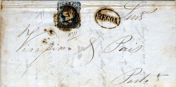1843.jpg -     Lote:    1843            Portugal       Descrição:         1856/58 &mdash; D. Pedro V. Cabelos anelados. CE12, 25 reis azul, margens curtas, circulado em carta remetida de Peso da Régua (24.04.57) para o Porto (25.04.57). Carimbo nominativo batido a preto "REGOA" e numérico da 1.ª reforma "71".        Carta       Valor Base:     &euro; 10,00     Valor Venda:     Retirado     