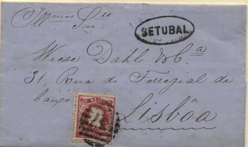 1845.jpg -     Lote:    1845            Portugal       Descrição:         Carimbos nominativos. 1867/1870 &mdash; D. Luís I. Fita curva, denteados. CE30, 25 reis carmim em carta circulada de Setúbal para Lisboa (05.09.70). Carimbos batidos a preto "37 (1.ª reforma)" e "SETUBAL".        Carta       Valor Base:     &euro; 20,00     Valor Venda:     Retirado     