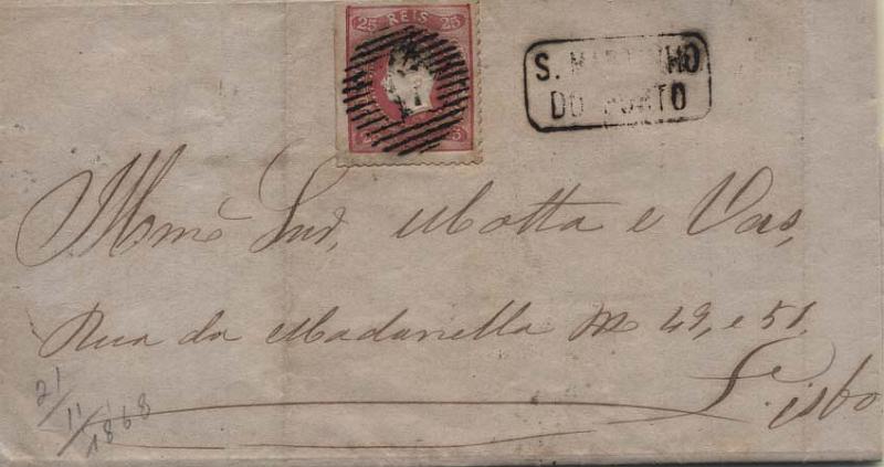 1847.jpg -     Lote:    1847            Portugal       Descrição:         Carimbos nominativos. 1866/67 &mdash; D. Luís I, fita curva, não denteados. CE22, 25 reis carmim, sobre carta circulada de S. Martinho do Porto (21.11.68) para Lisboa. Marcas batidas a preto de S: MARTINHO DO PORTO e numérico da 1.ª reforma "17 - CALDAS".        Carta       Valor Base:     &euro; 25,00     Valor Venda:     Retirado     