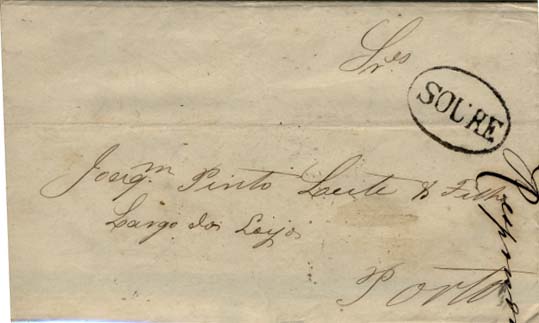 1848.jpg -     Lote:    1848            Portugal       Descrição:         Carimbos nominativos. 1870/76 &mdash; D. Luís I, fita direita. CE40, 25 reis carmim, denteado 12 &frac12;, em carta circulada de Soure (24.1874) para o Porto (27.11.74). Carimbo batido a preto de SOURE.        Carta       Valor Base:     &euro; 15,00     Valor Venda:     Retirado     