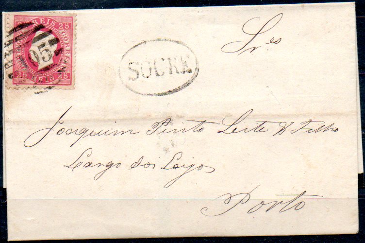1849.jpg -     Lote:    1849            Portugal       Descrição:         Carimbos nominativos. 1870/76 &mdash; D. Luís I, fita direita. CE40, 25 reis carmim, denteado 12 &frac12;, papel liso, circulado no verso de carta remetida de Soure (05.12.1874) para o Porto (06.12.1874). Carimbos batidos a preto "105 &mdash; 2.ª reforma" e "SOURE".        Carta       Valor Base:     &euro; 25,00     Valor Venda:     Retirado     