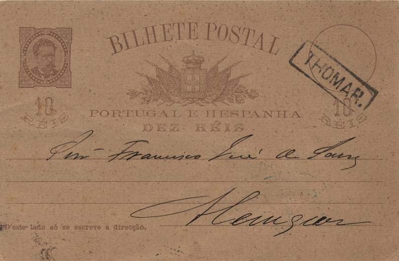 1850.jpg -     Lote:    1850            Portugal       Descrição:         Carimbos nominativos. 1884/87 &mdash; D. Luís I de frente. OM9, 10 reis castanho claro sobre cartolina camurça, circulado de Tomar para Alenquer. Carimbo linear batido a preto de "THOMAR.".        IC       Valor Base:     &euro; 6,00     Valor Venda:     &euro; 12,00     