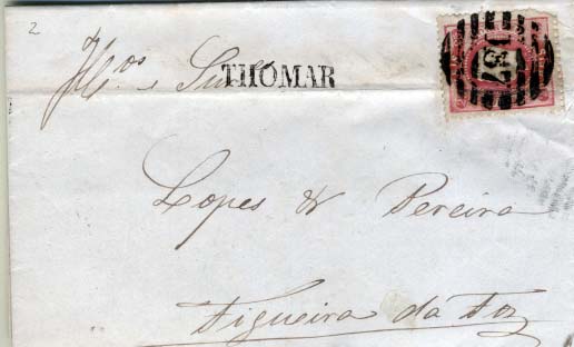 1851.jpg -     Lote:    1851            Portugal       Descrição:         Carimbos nominativos. 1867/70 &mdash; D. Luís I. Fita curva, denteados. CE30, 25 reis carmim em carta circulada de Tomar (16.06.70) para Figueira da Foz: Carimbo batido a preto "THOMAR" + numérico da 2.ª reforma "187". MB.        Carta       Valor Base:     &euro; 10,00     Valor Venda:     &euro; 16,00     