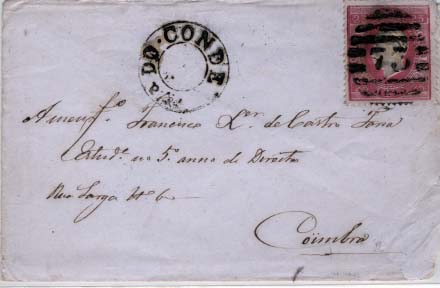 1852.jpg -     Lote:    1852            Portugal       Descrição:         Carimbos nominativos. 1870/76 &mdash; D. Luís I, fita direita. CE40, 25 reis carmim, papel liso, denteado 13 &frac12;, em sobrescrito circulado de Vila do Conde para Coimbra (06.12.1878):Carimbos da 2.ª reforma "73" e nominativo circular "V.ª DO CONDE" batidos a preto.        Carta       Valor Base:     &euro; 10,00     Valor Venda:     &euro; 40,00     