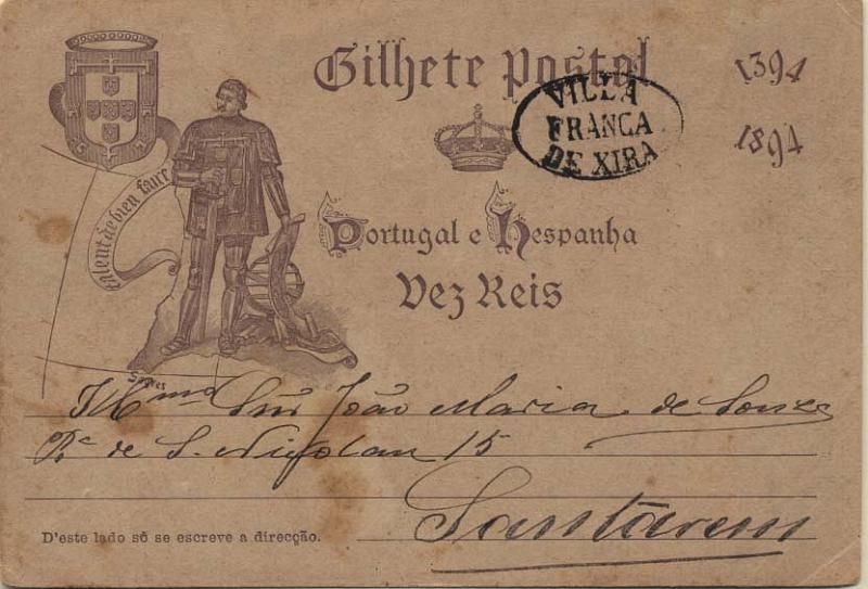 1854.jpg -     Lote:    1854            Portugal       Descrição:         Carimbos nominativos. 1894 &mdash; V Centenário do nascimento do Infante D. Henrique. OM20, 10 reis lilás-cinzento, circulado de Vila Franca de Xira para Santarém (27.04.94). Carimbo oval batido a preto de "VILLA / FRANCA / DE XIRA.        IC       Valor Base:     &euro; 20,00     Valor Venda:     &euro; 28,00     