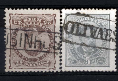 1856.jpg -     Lote:    1856            Portugal       Descrição:         Carimbos nominativos. Lote de dois selos de D. Luís I, de frente CE56/57, obliterados com carimbos batidos a preto de MATOSINHOS (raridade 20 &mdash; Gordon) e OLIVAES.        O       Valor Base:     &euro; 20,00     Valor Venda:     Retirado     