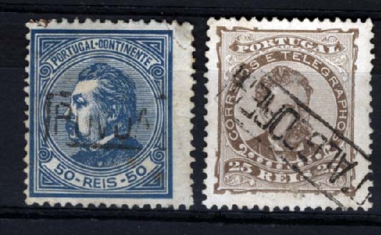 1857.jpg -     Lote:    1857            Portugal       Descrição:         Carimbos nominativos. 1880/81 &mdash; D. Luís I de perfil. CE55, 50 reis azul, denteado 12 &frac12;, com carimbo batido a preto "POVOA DE VARZIM" + 1882/83 &mdash; D. Luís I de frente, CE57, 25 reis castanho com carimbo batido a preto de "FORNOS D'ALGODRES"        O       Valor Base:     &euro; 10,00     Valor Venda:     &euro; 10,00     