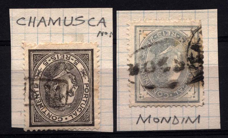 1858.jpg -     Lote:    1858            Portugal       Descrição:         Carimbos nominativos. 1880/81 &mdash; D. Luís de Perfil. Lote de dois selos de 5 e 25 reis, obliterados com marcas batidas a preto de CHAMUSCA e MONDIM.        O       Valor Base:     &euro; 10,00     Valor Venda:     Retirado     
