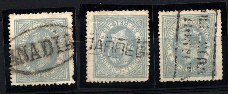 1859.jpg -     Lote:    1859            Portugal       Descrição:         Carimbos nominativos. 1880/81 &mdash; D. Luís I de perfil. Lote de 3 selos de 25 reis cinzento, obliterados com marcas nominativas de ANADIA, CARREGAL DO SAL e OLIVEIRA DO HOSPITAL.        O       Valor Base:     &euro; 12,00     Valor Venda:     &euro; 16,00     