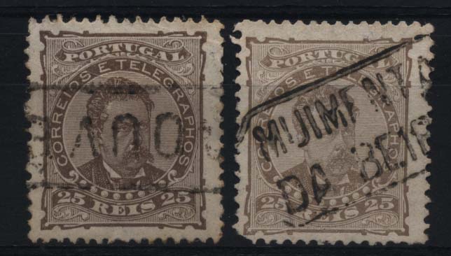1860.jpg -     Lote:    1860            Portugal       Descrição:         Carimbos nominativos. 1882/83 &mdash; D. Luís I. De frente. CE57, 25 reis castanho. Lote de dois selos obliterados com carimbos batidos a preto "GOUVÊA" e "MUIMENTA DA BEIRA". Um selo com canto curto.        O       Valor Base:     &euro; 6,00     Valor Venda:     &euro; 10,00     