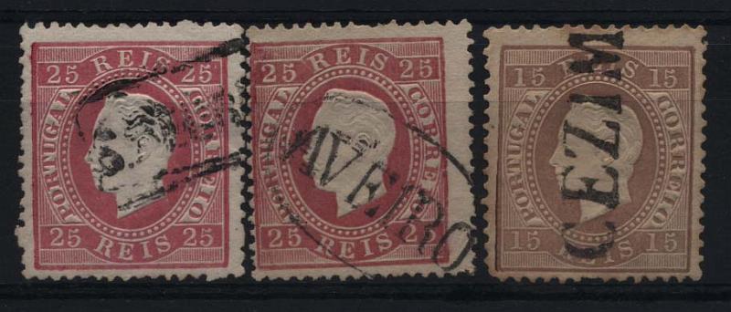 1861.jpg -     Lote:    1861            Portugal       Descrição:         Carimbos nominativos. 1870/76 &mdash; D. Luís I, fita direita. Lote de 3 selos: dois de 25 reis e um de 15 reis obliterados com carimbos batido a preto de S. MARCOS, AVEIRO e CEZIMBRA.        Lote       Valor Base:     &euro; 10,00     Valor Venda:     &euro; 12,00     
