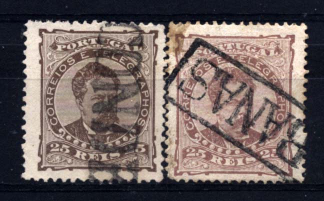 1862.jpg -     Lote:    1862            Portugal       Descrição:         Carimbos da telegrafia eléctrica. 1882/83 &mdash; D. Luís I de frente. CE57, 25 reis castanho-vermelho. Lote de dois selos obliterados com carimbos batidos a preto de "Condeixa" e "CABANAS".        O       Valor Base:     &euro; 20,00     Valor Venda:     &euro; 20,00     
