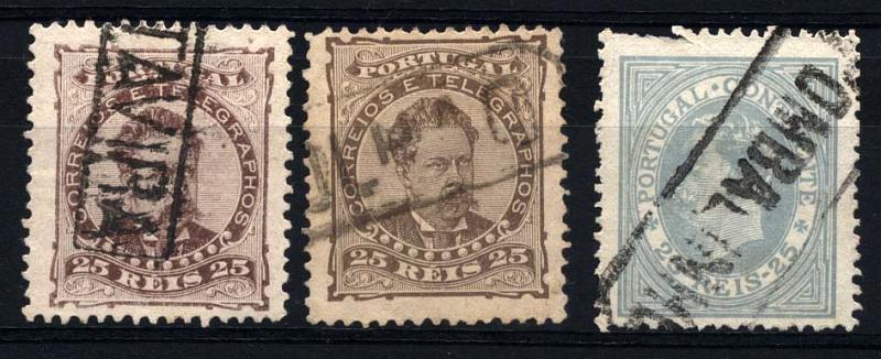 1864.jpg -     Lote:    1864            Portugal       Descrição:         Carimbos nominativos. Lote de 3 selos de 25 reis D. Luís I de perfil e de frente CE53 e 57(2), obliterados com carimbos nominativos batidos a preto de "TAVIRA, OLHÃO e POMBALINHO".        O       Valor Base:     &euro; 8,00     Valor Venda:     &euro; 8,00     
