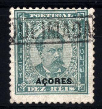 1866.jpg -     Lote:    1866            Açores       Descrição:         Carimbos nominativos. 1884/87 &mdash; D. Luís I de frente com sobrecarga Açores. CE53, 10 reis verde. Selo obliterado com carimbo nominativo batido a preto de "QUEIMADA".        O       Valor Base:     &euro; 5,00     Valor Venda:     &euro; 18,00     
