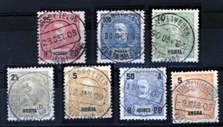 1874.jpg -     Lote:    1874            Açores       Descrição:         Carimbos circulares datados, tipo 1880. Lote de 8 selos de: STO AMARO PICO (HORTA), PONTA DELGADA, MAGDALENA, S. ROQUE (PICO), CORVO (HORTA) e VELLAS (S.JORGE) x 2 a azul.        O       Valor Base:     &euro; 30,00     Valor Venda:     &euro; 80,00     