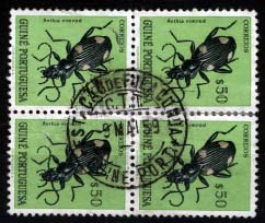 1896.jpg -     Lote:    1896            Guiné       Descrição:         Carimbos circulares datados. 1953 &mdash; Insectos da Guiné. CE273, $50. Quadra obliterada com carimbo batido a preto de: ESTAÇÃO DE FULACUNDA. MB e R.        O       Valor Base:     &euro; 8,00     Valor Venda:     &euro; 32,00     
