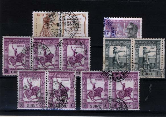 1897.jpg -     Lote:    1897            Guiné       Descrição:         Carimbos circulares datados. Lote de 11 selos (tira de 3 selos e dois pares) obliterados com carimbos batidos a preto e violeta: ESTAÇÃO DE NOVA LAMEGO, ESTAÇÃO DE BOLAMA (violeta), ESTAÇÃO DE MANSOA X 2, ESTAÇÃO DE CACHEU e ESTAÇÃO DE TEIXEIRA PINTO.        Lote       Valor Base:     &euro; 10,00     Valor Venda:     &euro; 20,00     