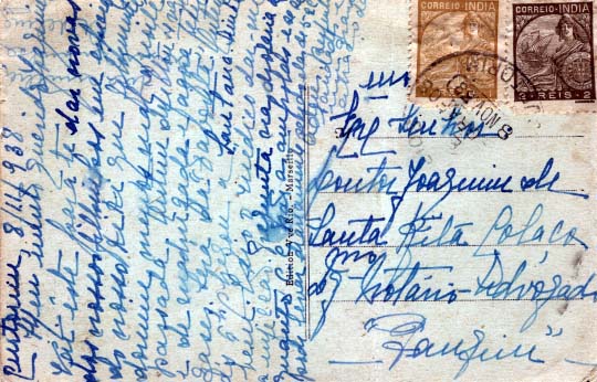1901.jpg -     Lote:    1901            Índia       Descrição:         Carimbos circulares datados. 1933 &mdash; Padrões. CE333/334 (1 real + 2 reis) sobre postal circulado de CURTORIM (08.11.38) para Pangim.         PI       Valor Base:     &euro; 6,00     Valor Venda:     Retirado     