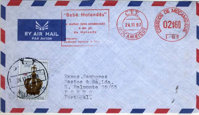 1916.jpg -     Lote:    1916            Moçambique       Descrição:         Carimbos circulares datados + flâmula. 1967 &mdash; Cinquentenário das Aparições de Fátima. CE504, $50 + franquia mecânica de 2$60 a vermelho, sobre carta circulada de Moçambique (24.11.67) para o Porto. Carimbo batido a preto: C.T.T. /  MOÇAMBIQUE.        Carta       Valor Base:     &euro; 8,00     Valor Venda:     Retirado     
