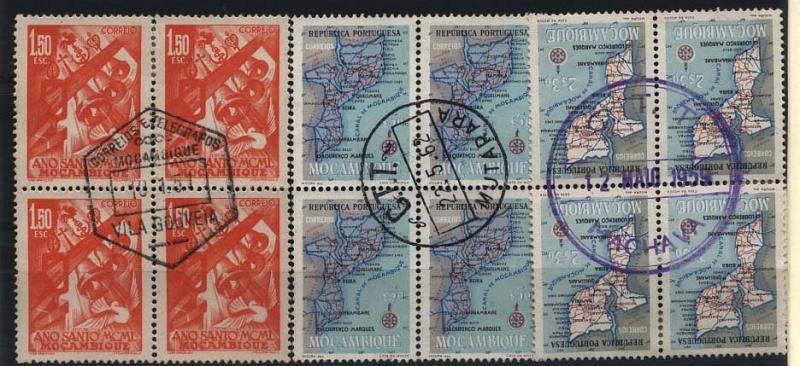 1918.jpg -     Lote:    1918            Moçambique       Descrição:         Carimbos circulares e hexagonais. Lote de 3 quadras (uma de 1%40 Ano Santo e duas de $50 e 2$30 Mapas de Moçambique) obliteradas com carimbos: VILA GOUVEIA &mdash; hexagonal a preto; C.T.T. / MUTARARA, circular a preto e MACHAVA, circular de borracha a violeta.        Lote       Valor Base:     &euro; 12,00     Valor Venda:     Retirado     