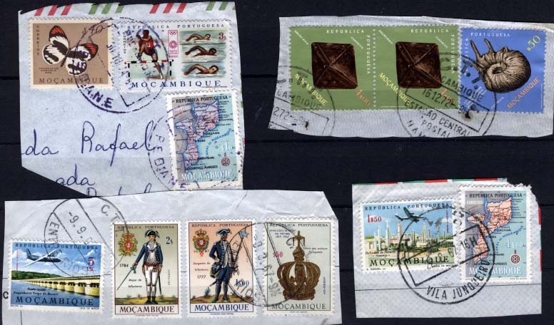 1919.jpg -     Lote:    1919            Moçambique       Descrição:         Carimbos circulares datados. Lote de 4 fragmentos obliterados com carimbos de; "C.T.T./ PEBANE (violeta), C.T.T. / ESTAÇÃO CENTRAL POSTAL NAMPULA (preto), C.T.T. / ENTRERIOS (preto) e C.T.T. / VILA JUNQUEIRO".        FRG       Valor Base:     &euro; 8,00     Valor Venda:     Retirado     