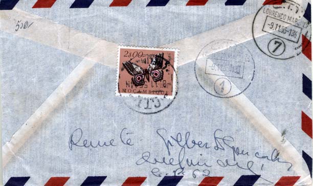 1921.jpg -     Lote:    1921            Moçambique       Descrição:         Carimbos circulares datados. 1953 &mdash; Borboletas. CE397, 2$00 sobre carta circulada de Quelimane (08.11.55) para Moçambique. Carimbos batidos a preto "C.T.T. / QUELIMANE", "C.T.T. / LOURENÇO MARQUES / 1" e "C.T.T. / LOURENÇO MARQUES / 7".        Carta       Valor Base:     &euro; 6,00     Valor Venda:     Retirado     