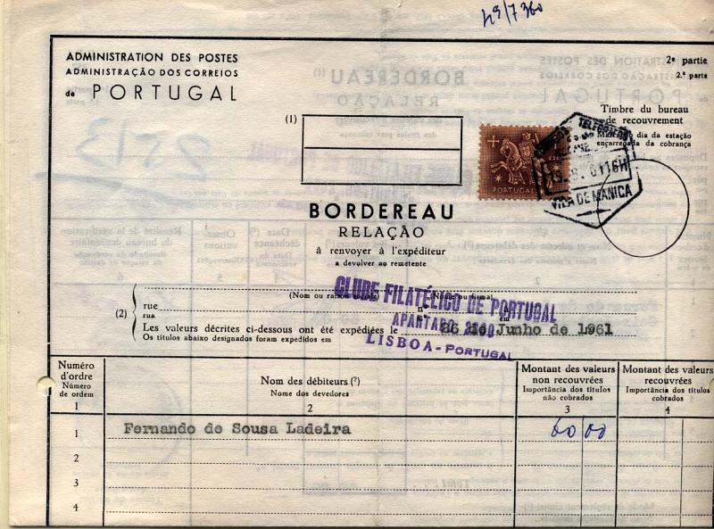 1925.jpg -     Lote:    1925            Moçambique       Descrição:         Carimbos circulares datados. Relação de títulos à cobrança, remetido de Lisboa para Moçambique (19.09.61). Carimbo batido a preto de "VILA DE MANICA".        DOC       Valor Base:     &euro; 10,00     Valor Venda:     Retirado     