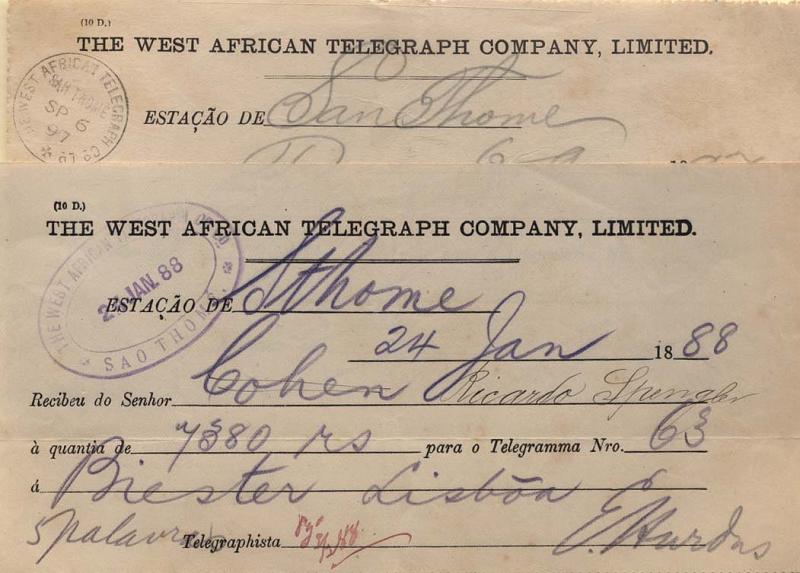 1933.jpg -     Lote:    1933            S. Tomé e Príncipe       Descrição:         Carimbos da telegrafia de São Tomé. Dois recibos emitidos pela "The West African Telegraph Company, Limited, datados de 24.01.1888 e 06.09.1897 e obliterados com carimbos diferentes: dupla oval a violeta + circular a preto. R.        DOC       Valor Base:     &euro; 20,00     Valor Venda:     Retirado     