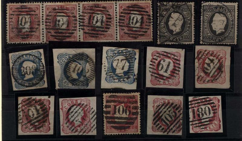 2049.jpg -     Lote:    2049                   Descrição:      Portugal.   Lote composto por 16 selos em bom estado, desde D. Maria II até D. Luís I Fita direita, realçando tira de 4 CE30, 2 selos de 1000 reis CE67 em denteado 13 &frac12;. Alguma marcofilia interessante. Valor aproximado de catálogo &euro; 400,00.        Lote       Valor Base:     &euro; 40,00     Valor Venda:     &euro; 55,00     