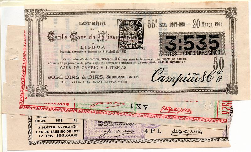2063.jpg -     Lote:    2063                   Descrição:      Portugal *   Cautelas de lotaria. Lote de 3 cautelas de 1908 (Campião & Cia), 1928 e 1929.        Lote       Valor Base:     &euro; 10,00     Valor Venda:     &euro; 10,00     