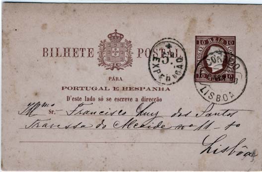 2130.jpg -     Lote:    2130      Lotes pelo Correio      Portugal       Descrição:         1880/81 &mdash; D. Luís. Fita direita. Impressão em relevo. OM7, 10 reis castanho-vermelho, circulado em Lisboa (08.04.83). Carimbo da 5ª EXPEDIÇÃO batido a preto. Inteiro com ligeiras manchas.        IC       Valor Base:     &euro; 10,00     Valor Venda:     Retirado     
