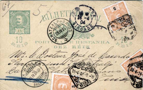 2135.jpg -     Lote:    2135      Lotes pelo Correio      Portugal       Descrição:         1896 &mdash; D. Carlos I, tipo Mouchon. OM23, 10 reis verde escuro sobre cartolina creme, circulado de Lisboa (25.04.04) para Davos (29.04.04) com trânsito por Gironde (26.04.04) e St. Galen (28.04.04), com 3 selos adicionais de 5 reis amarelo tipo D. Carlos I Mouchon. MB.        IC       Valor Base:     &euro; 5,00     Valor Venda:     &euro; 5,00     